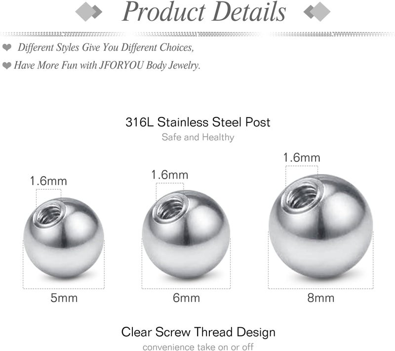 JFORYOU 14G Replacement Balls for Piercing Jewelry 18Pcs Externally Threaded Surgical Steel Balls Industrial Barbell Tongue Nipple Navel Belly Button Piercing Rings Parts 5MM-8MM - Image 2
